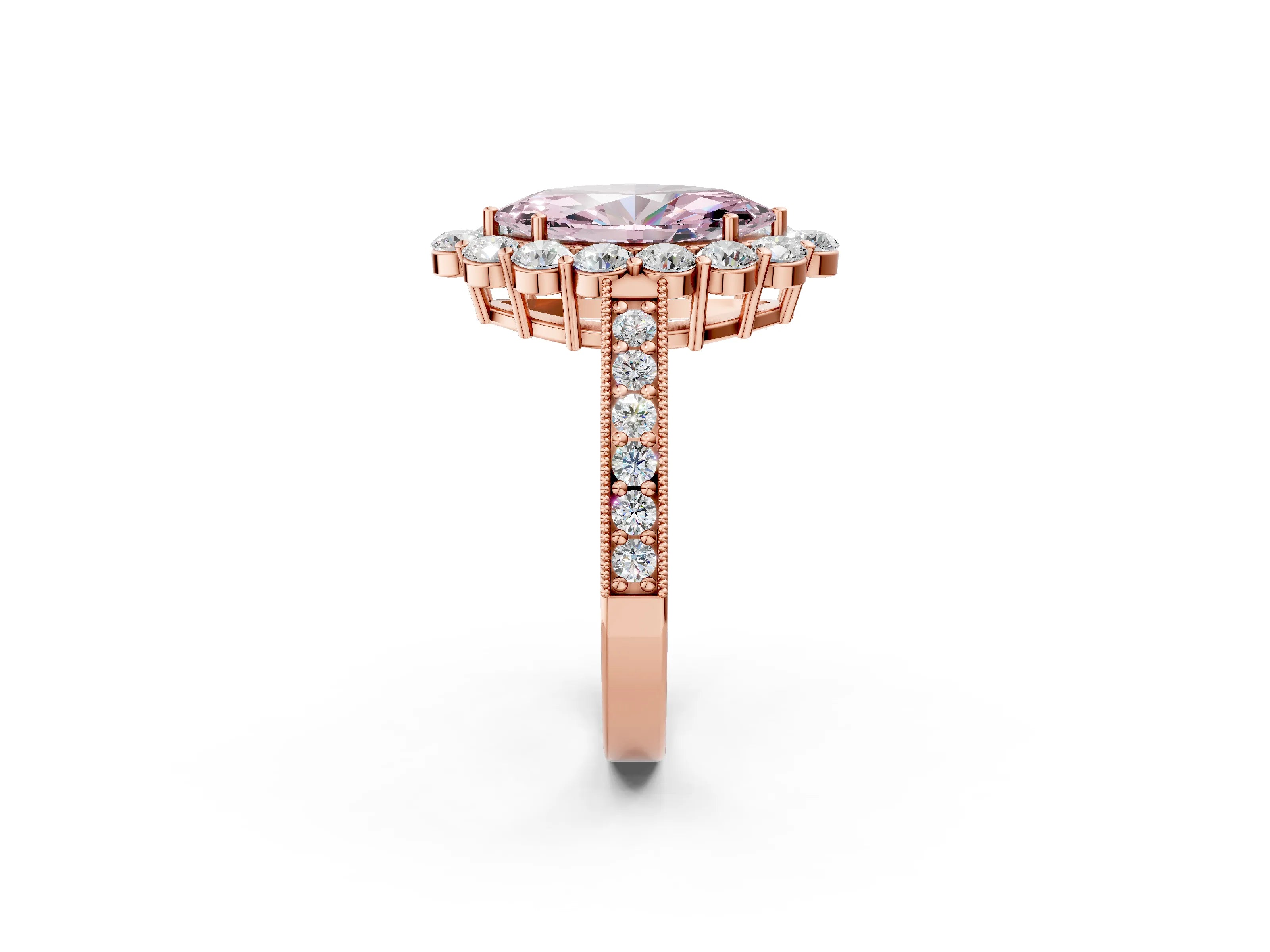 Rose gold Fancy Pink Marquise Cut Cut Halo Diamond Pavé Engagement Ring with Milgrain Detailing_2
