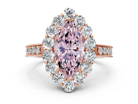 Rose gold Fancy Pink Marquise Cut Cut Halo Diamond Pavé Engagement Ring with Milgrain Detailing