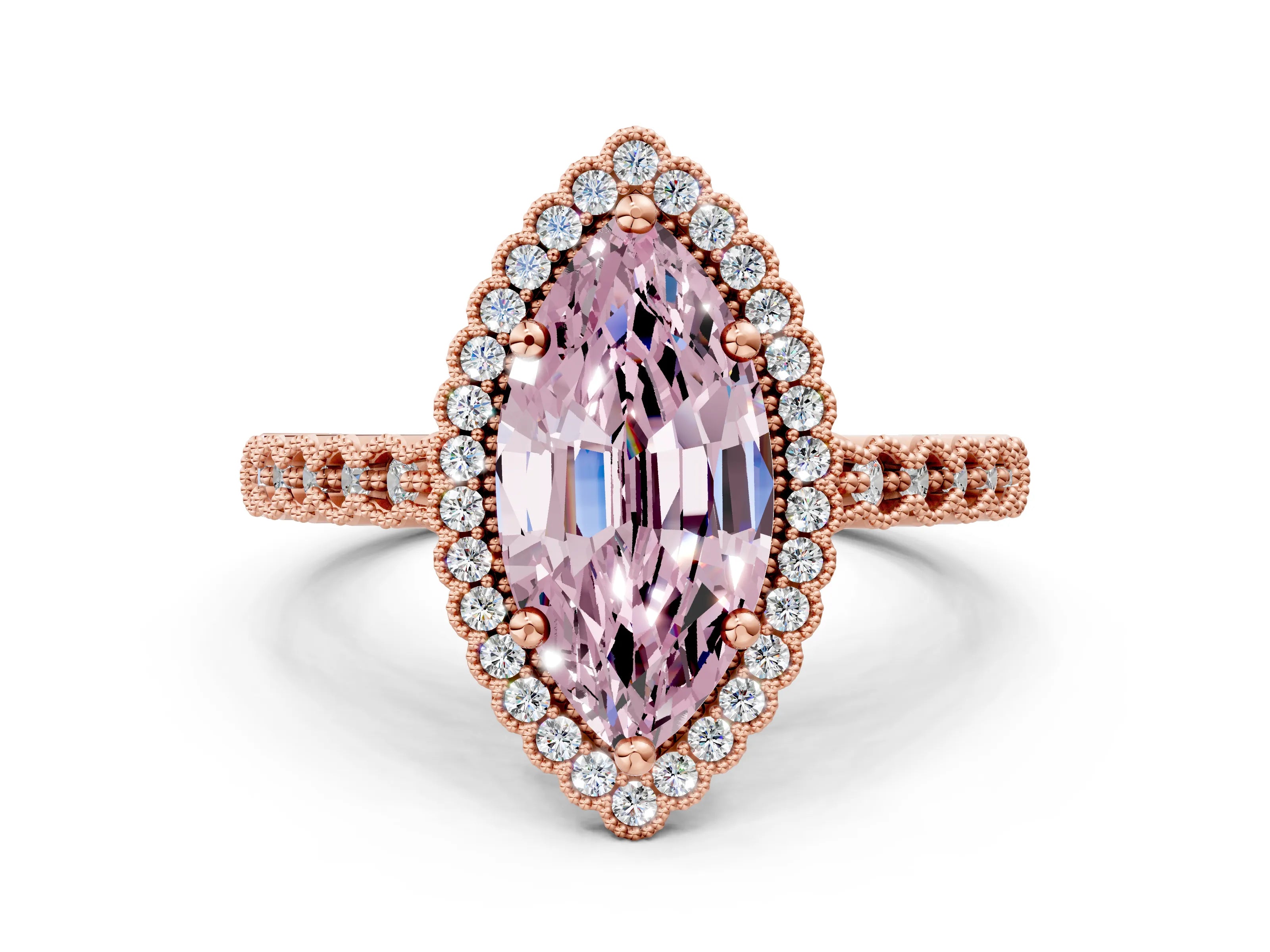 Rose gold Fancy Pink Marquise Cut Cut Halo Pavé Solitaire Ring with Milgrain Band