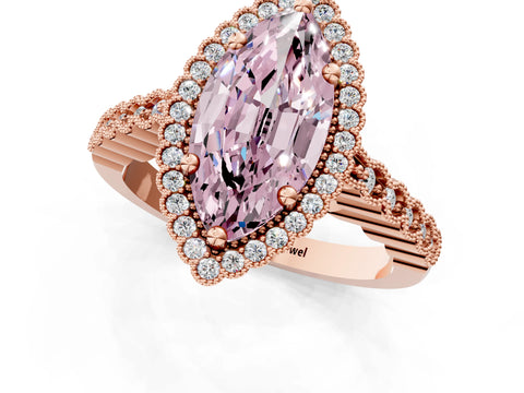 Rose gold Fancy Pink Marquise Cut Cut Halo Pavé Solitaire Ring with Milgrain Band_1