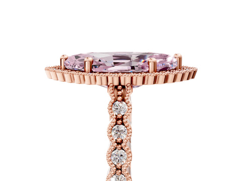 Rose gold Fancy Pink Marquise Cut Cut Halo Pavé Solitaire Ring with Milgrain Band_5