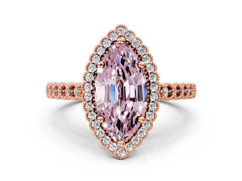 Rose gold Fancy Pink Marquise Cut Cut Halo Pavé Solitaire Ring with Milgrain Band