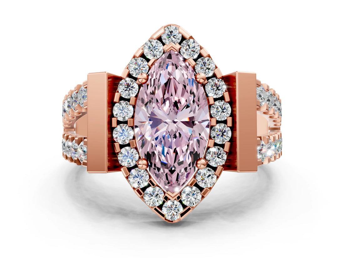 Rose gold Fancy Pink Marquise Cut Cut Halo Split Shank Prong Set Ring