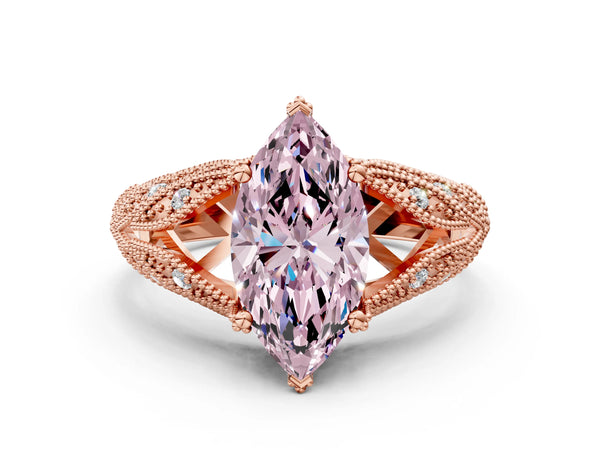 Rose gold Fancy Pink Marquise Cut Cut Milgrain Pave Diamond Engagement Ring with Four-Prong Setting