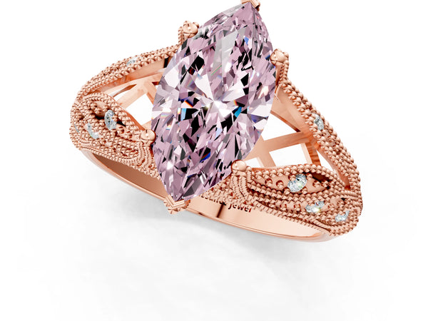 Rose gold Fancy Pink Marquise Cut Cut Milgrain Pave Diamond Engagement Ring with Four-Prong Setting