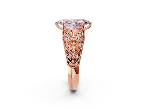 Rose gold Fancy Pink Marquise Cut Cut Milgrain Pave Diamond Engagement Ring with Four-Prong Setting