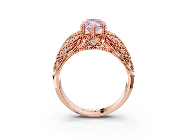 Rose gold Fancy Pink Marquise Cut Cut Milgrain Pave Diamond Engagement Ring with Four-Prong Setting