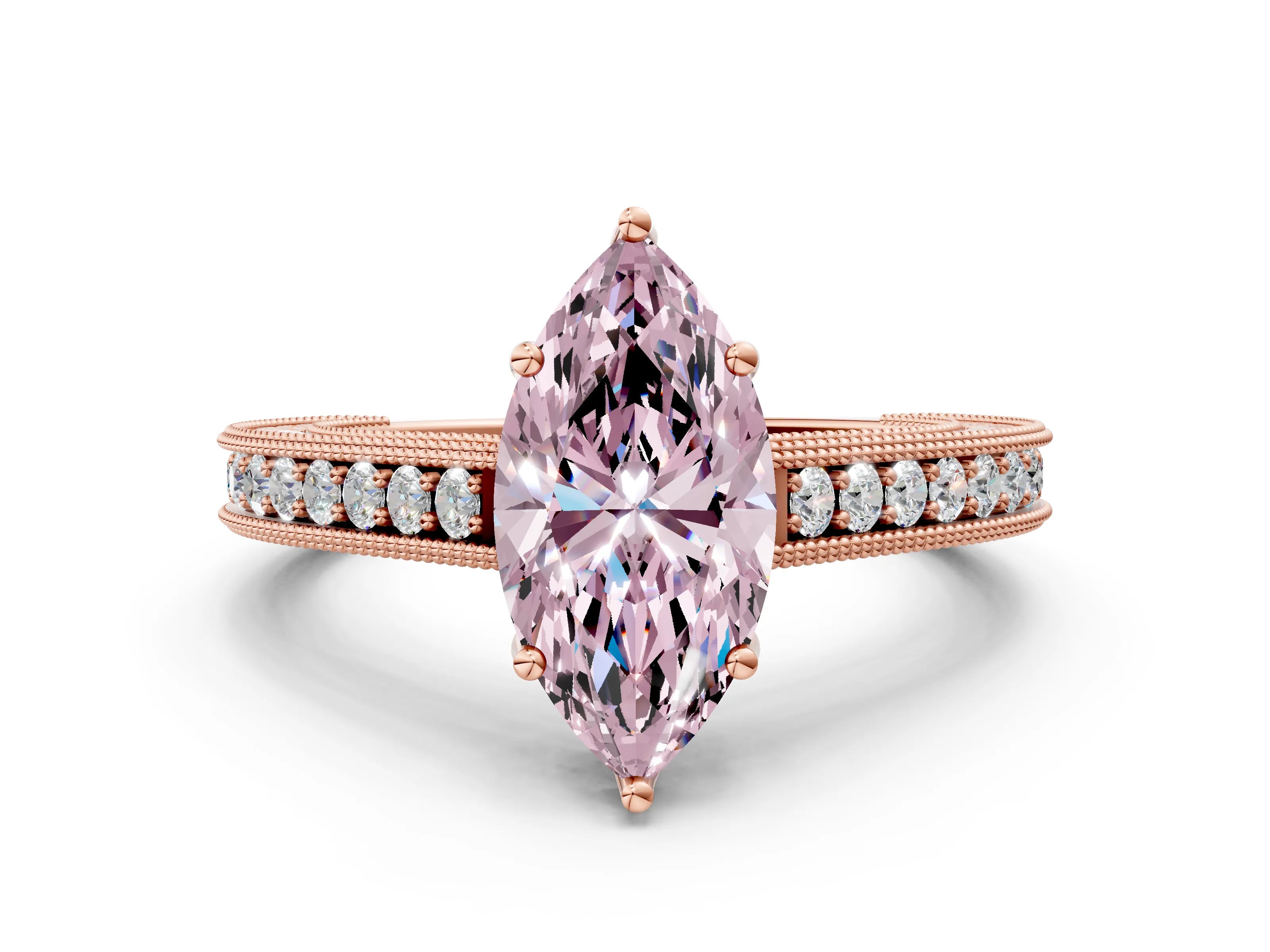 Rose gold Fancy Pink Marquise Cut Cut Pave Band Milgrain Solitaire Ring