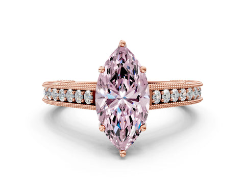 Rose gold Fancy Pink Marquise Cut Cut Pave Band Milgrain Solitaire Ring