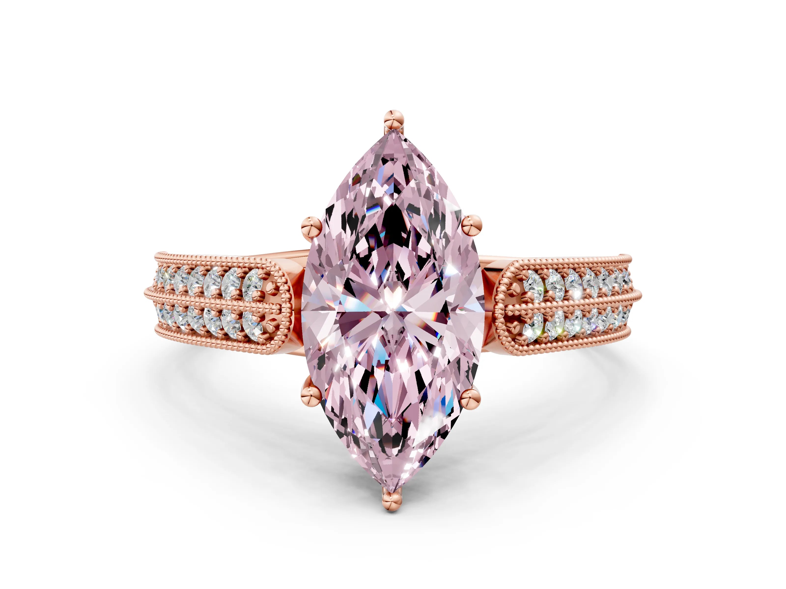 Rose gold Fancy Pink Marquise Cut Cut Pave Split Shank Engagement Ring with Four-Prong Setting