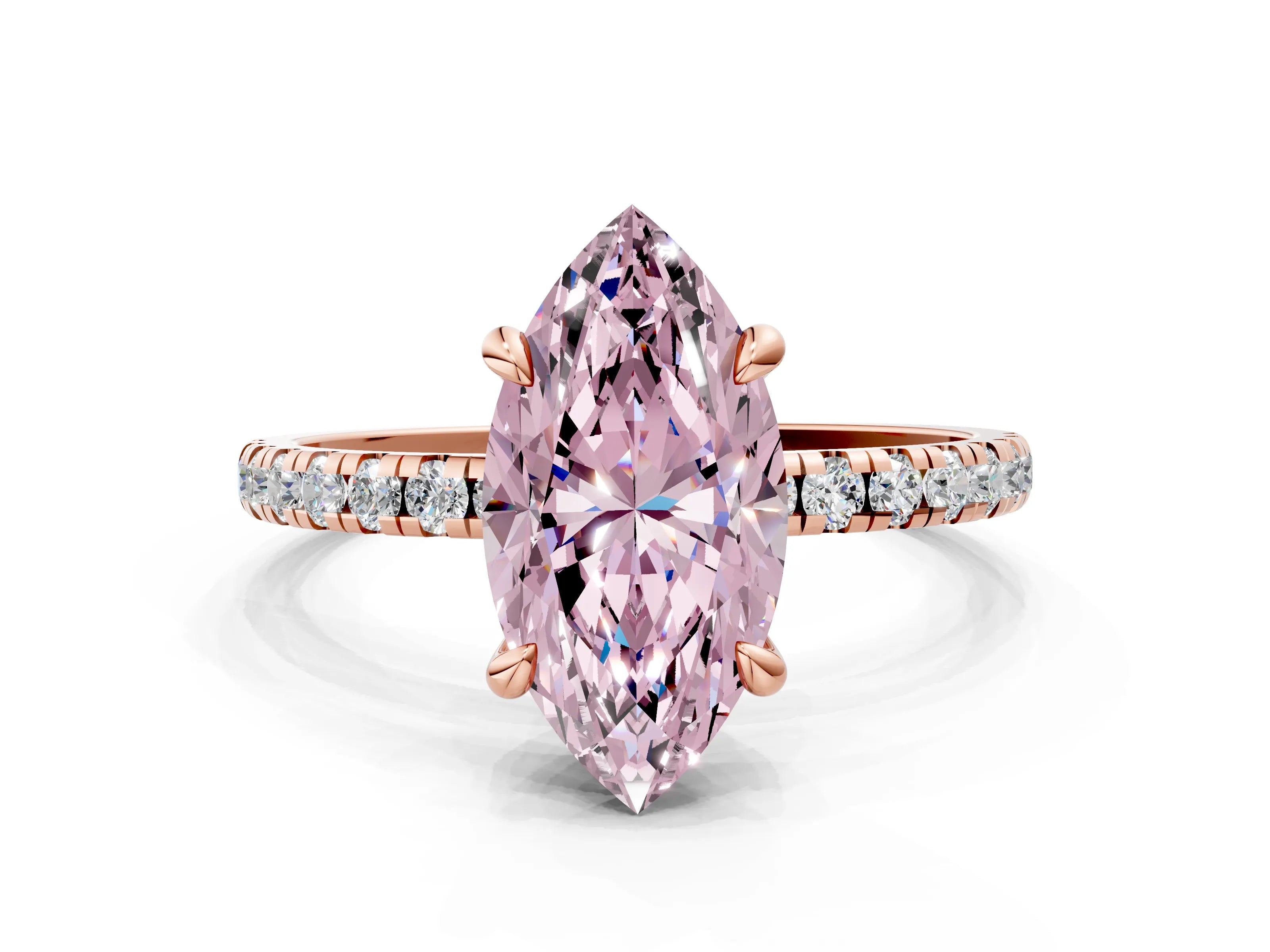 Rose gold Fancy Pink Marquise Cut Diamond Brilliant Solitaire Ring with Pavé Band and Four-Prong Setting