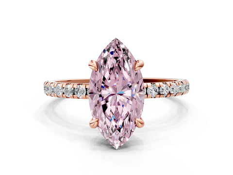 Rose gold Fancy Pink Marquise Cut Diamond Brilliant Solitaire Ring with Pavé Band and Four-Prong Setting