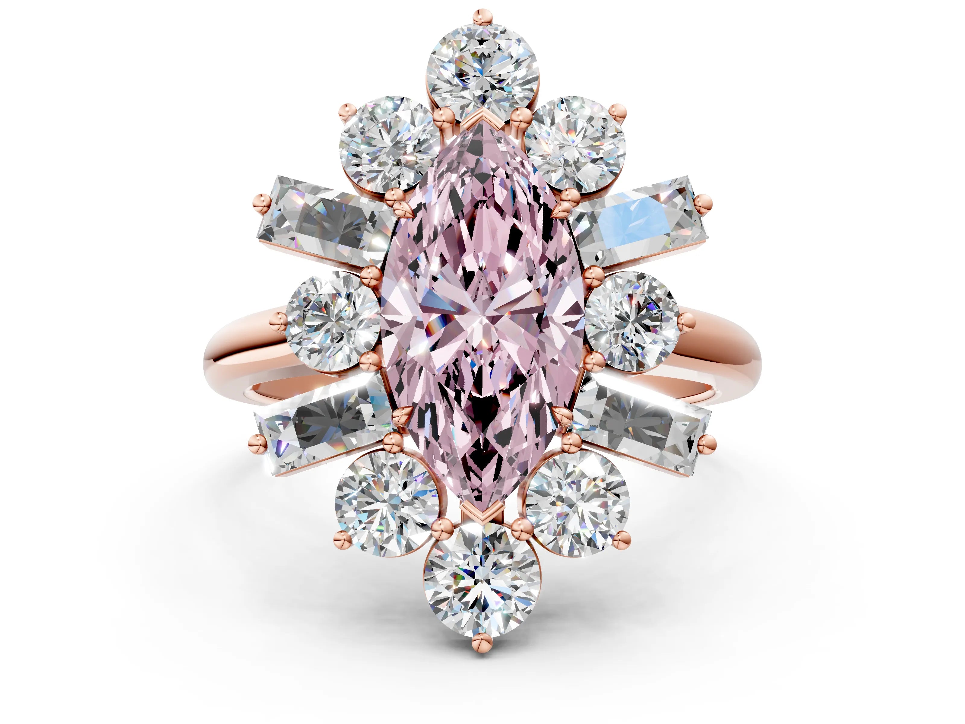 Rose gold Fancy Pink Marquise Cut Diamond Cluster Ring with Round and Baguette Stones, Split Shank Band, Prong Setting