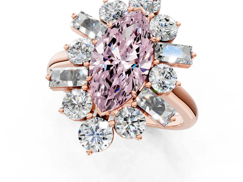 Rose gold Fancy Pink Marquise Cut Diamond Cluster Ring with Round and Baguette Stones, Split Shank Band, Prong Setting_1