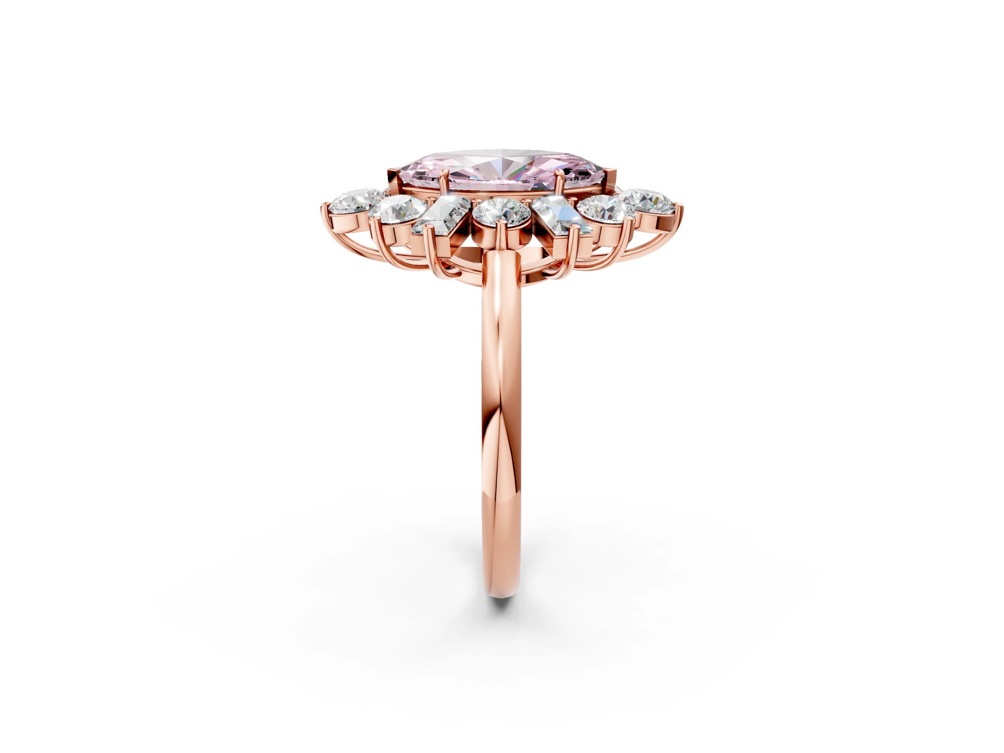Rose gold Fancy Pink Marquise Cut Diamond Cluster Ring with Round and Baguette Stones, Split Shank Band, Prong Setting_2