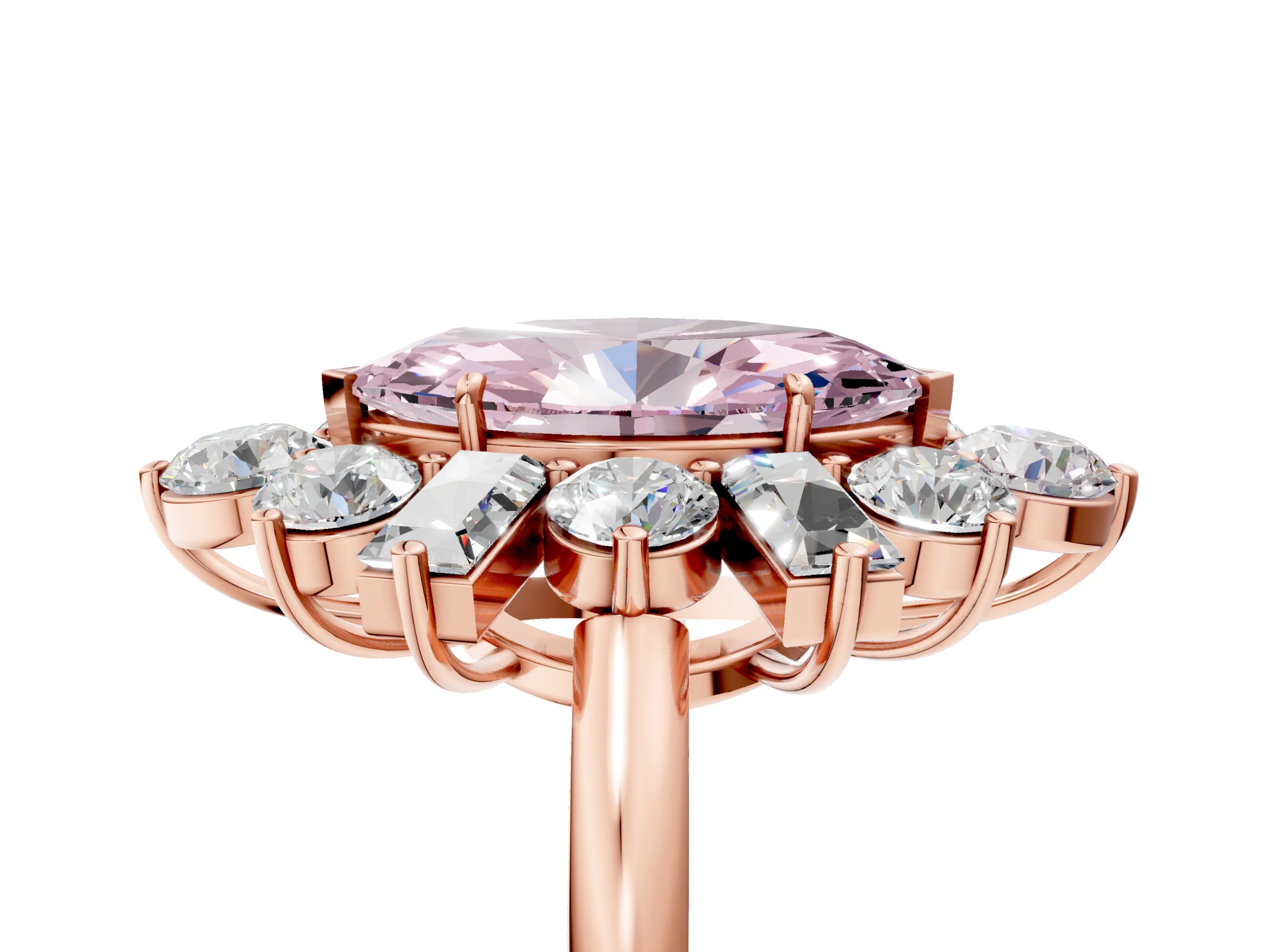 Rose gold Fancy Pink Marquise Cut Diamond Cluster Ring with Round and Baguette Stones, Split Shank Band, Prong Setting_5