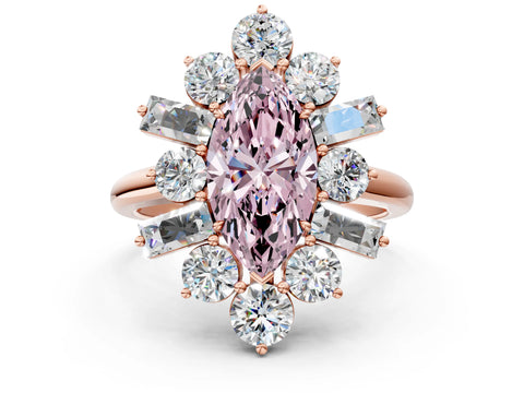 Rose gold Fancy Pink Marquise Cut Diamond Cluster Ring with Round and Baguette Stones, Split Shank Band, Prong Setting