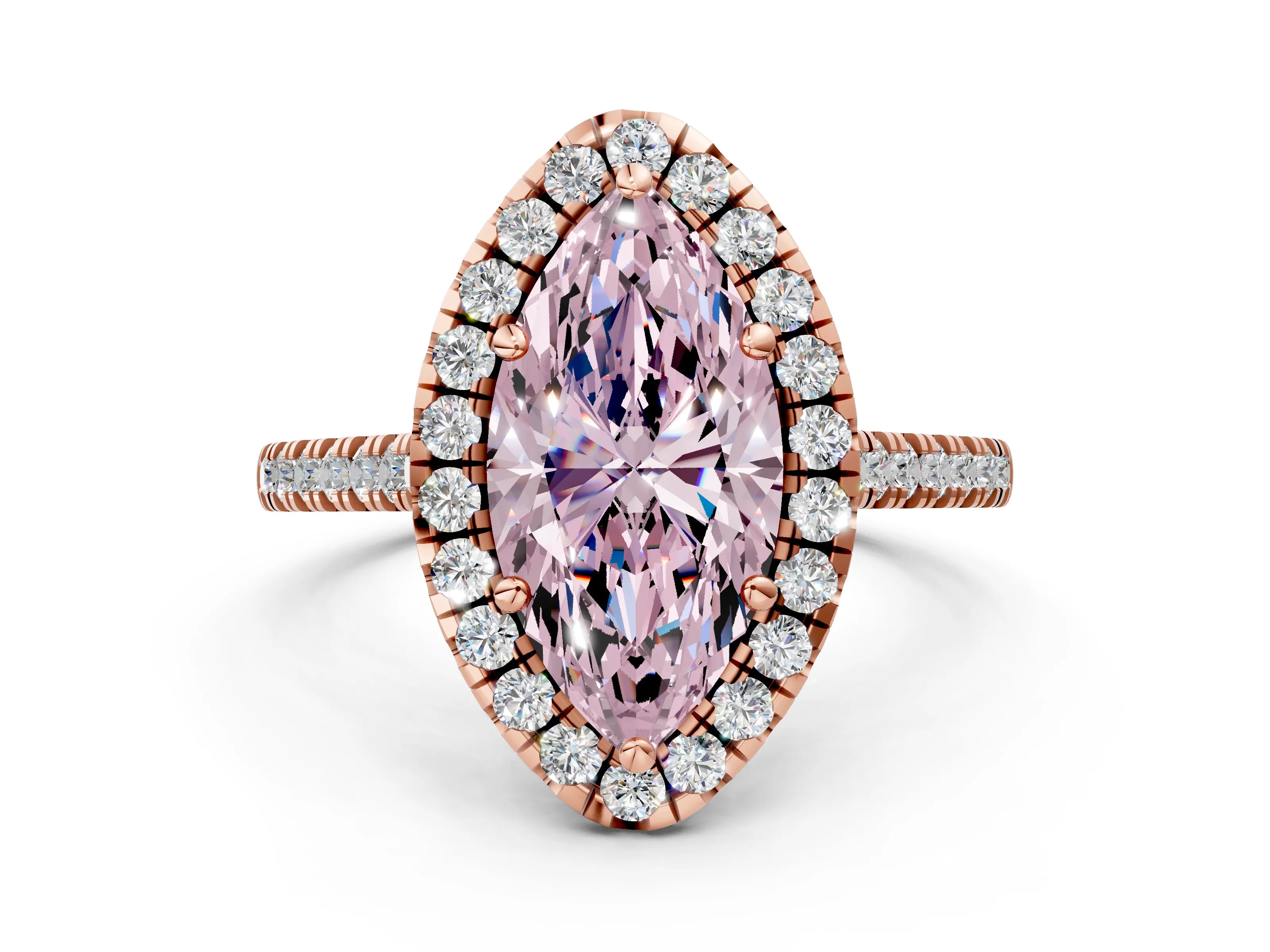 Rose gold Fancy Pink Marquise Cut Diamond Cushion Halo Ring with Pavé Band