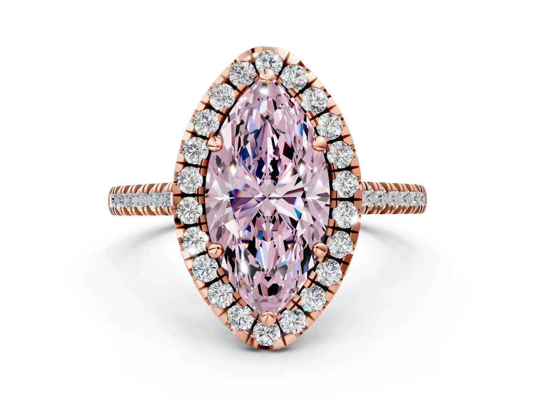 Rose gold Fancy Pink Marquise Cut Diamond Cushion Halo Ring with Pavé Band