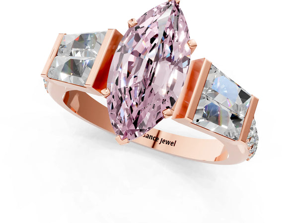 Rose gold Fancy Pink Marquise Cut Diamond Engagement Ring with Baguette Side Stones and Channel Set Band