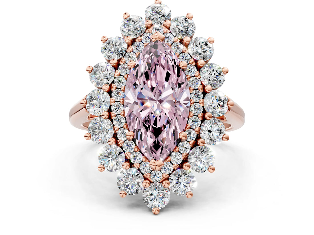 Rose gold Fancy Pink Marquise Cut Diamond Floral Double Halo Engagement Ring with Prong Setting_24