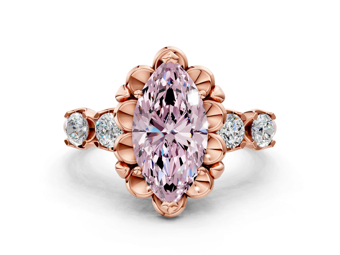 Rose gold Fancy Pink Marquise  Cut Diamond Floral Halo Engagement Ring with Shared Prong Setting
