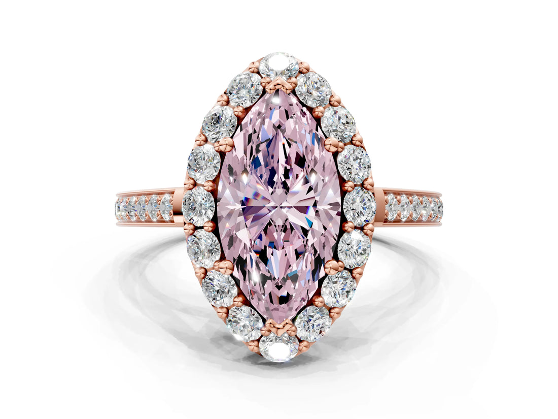 Rose gold Fancy Pink Marquise Cut Diamond Floral Halo Ring with Pavé Band and Prong Setting_3