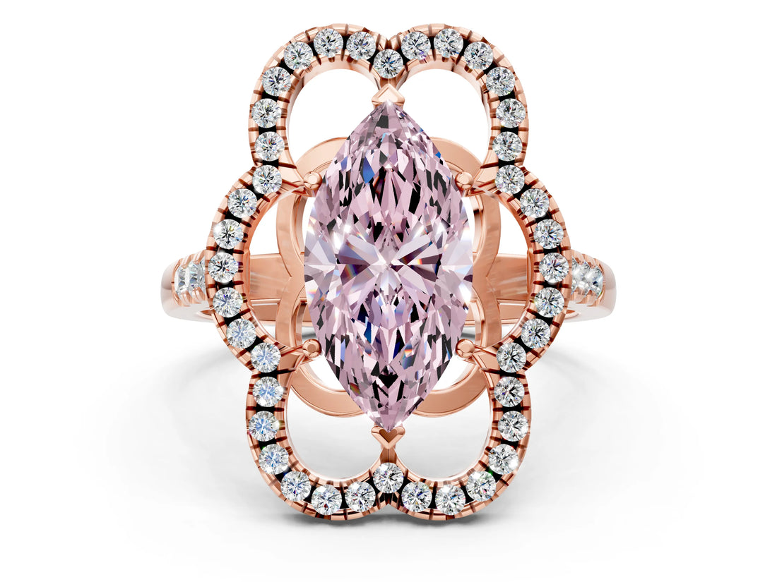 Rose gold Fancy Pink Marquise Cut Diamond Floral Halo Split Shank Prong Setting Ring