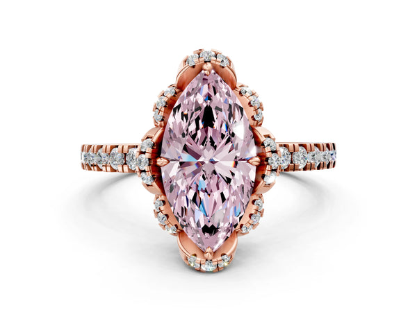 Rose gold Fancy Pink Marquise Cut Diamond Halo Pave Band with Four-Prong Setting