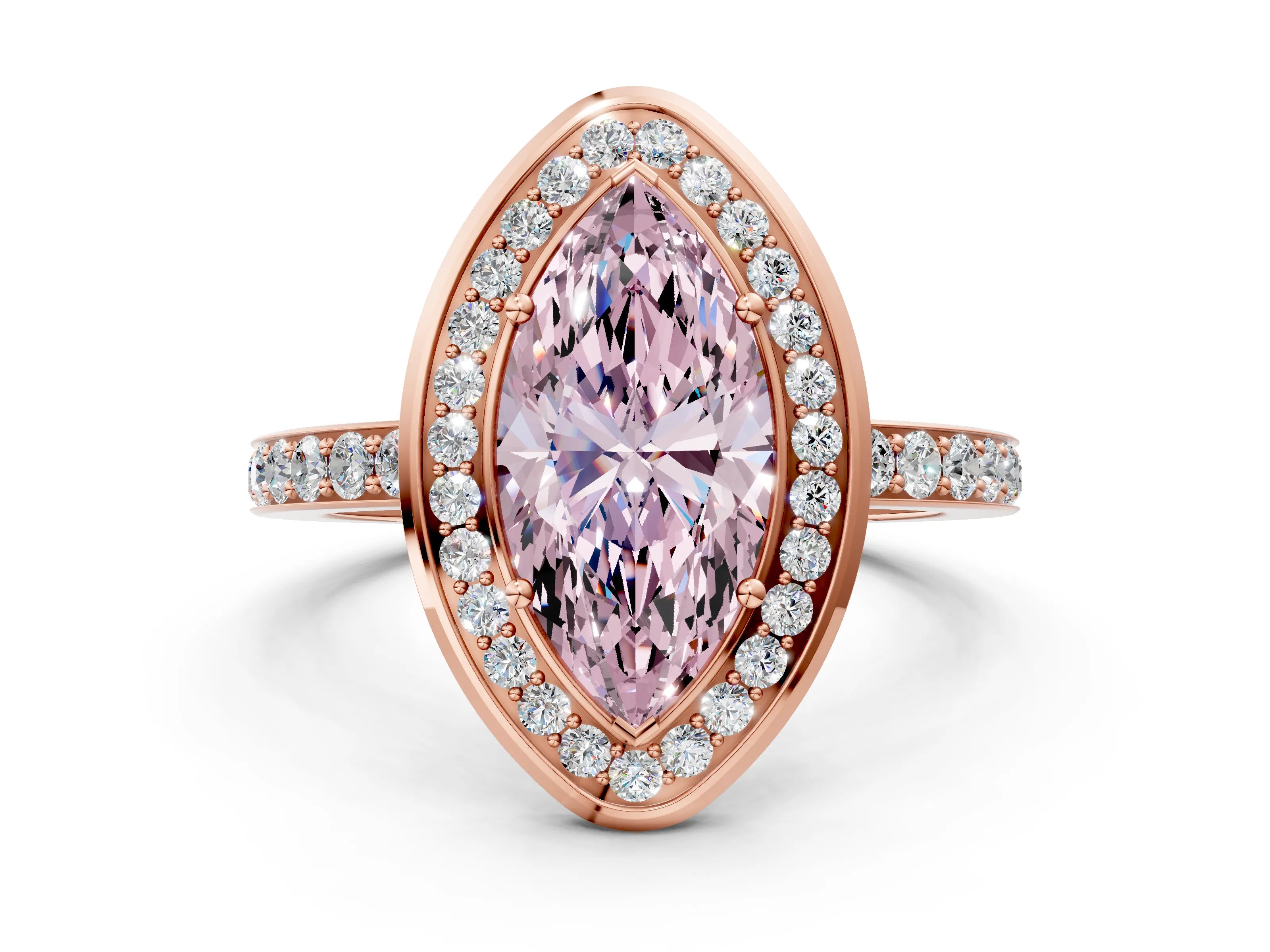Rose gold Fancy Pink Marquise Cut Diamond Halo Ring with Bezel Frame and Pavé Band