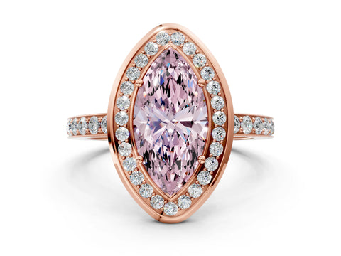 Rose gold Fancy Pink Marquise Cut Diamond Halo Ring with Bezel Frame and Pavé Band