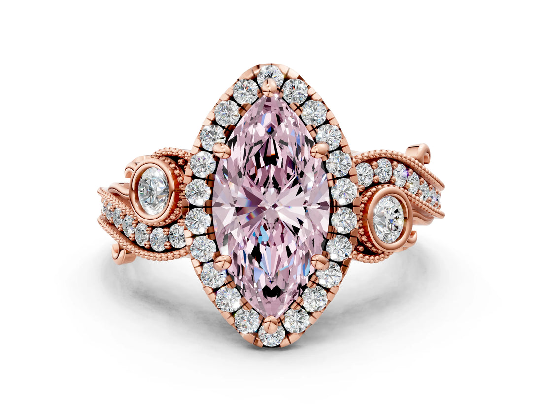 Rose gold Fancy Pink Marquise Cut Diamond Halo Ring with Milgrain Pavé Band and Four-Prong Setting_52