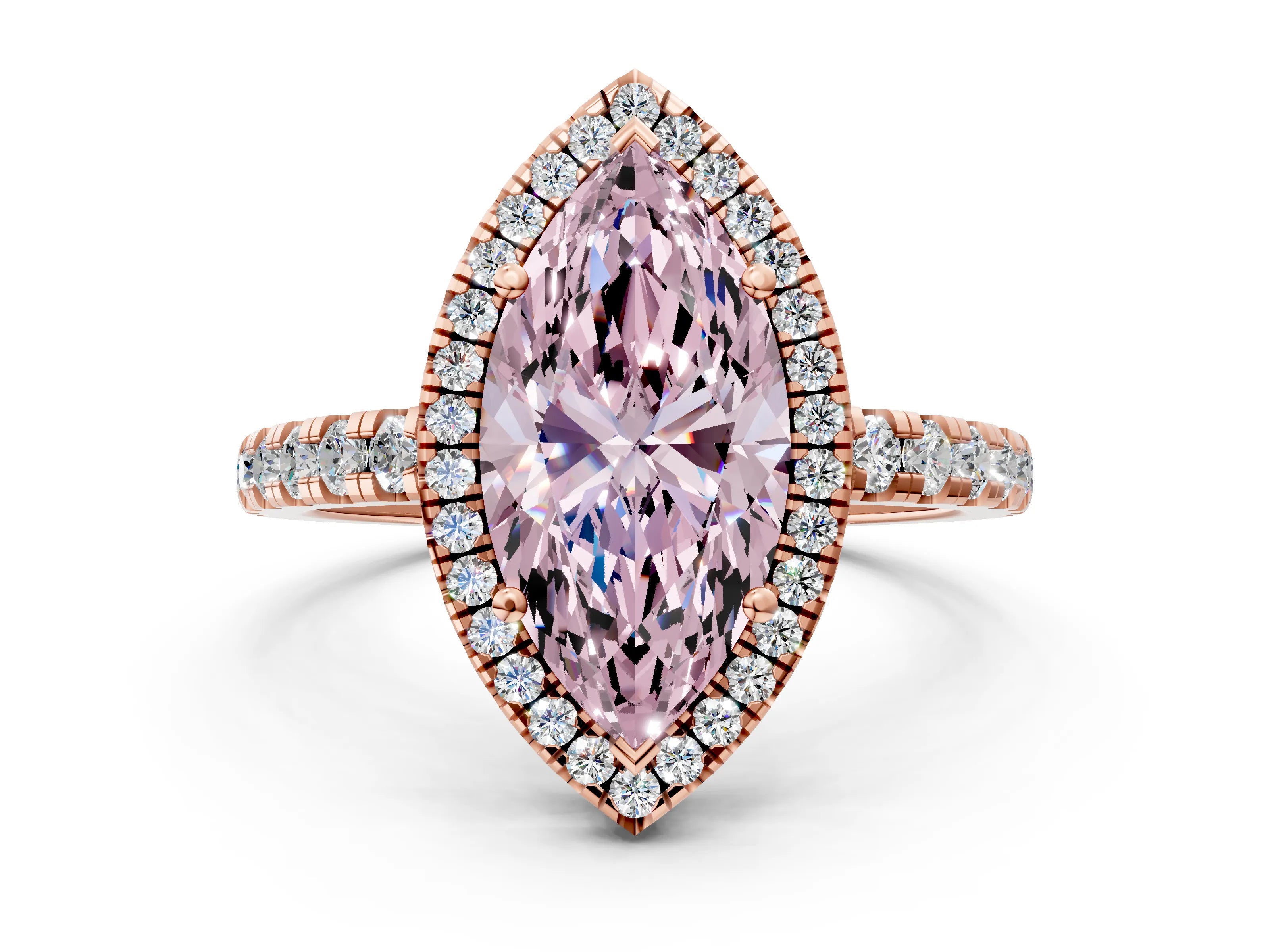 Rose gold Fancy Pink Marquise Cut Diamond Halo Ring with Pavé Band and Four-Prong Setting