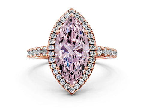 Rose gold Fancy Pink Marquise Cut Diamond Halo Ring with Pavé Band and Four-Prong Setting