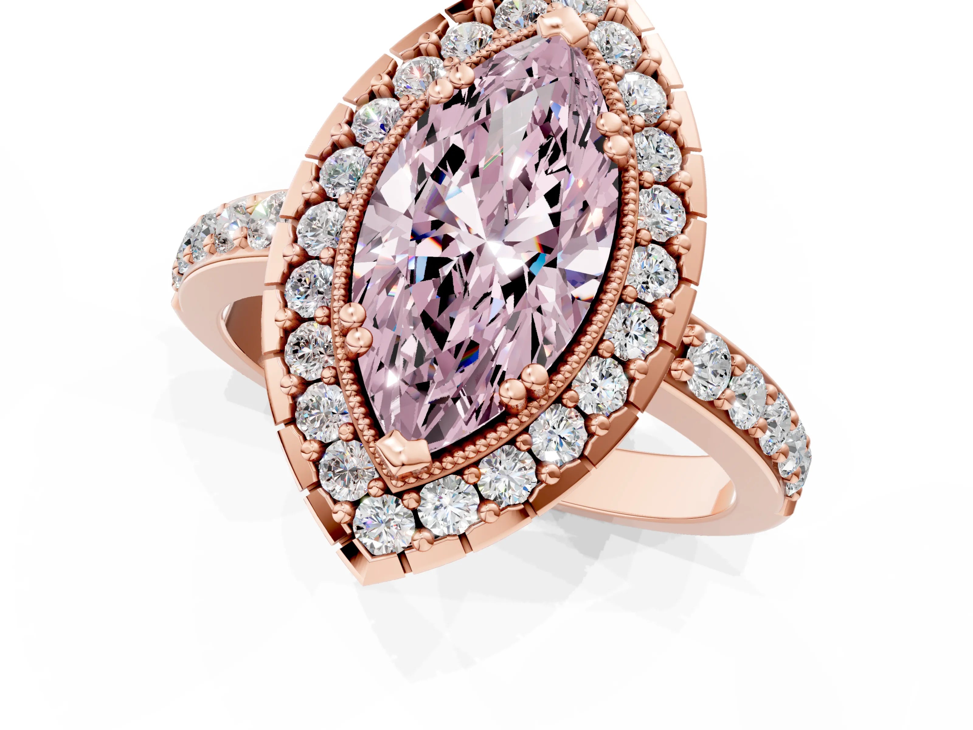 Rose gold Fancy Pink Marquise Cut Diamond Halo Ring with Pavé Band and Prong Setting_1