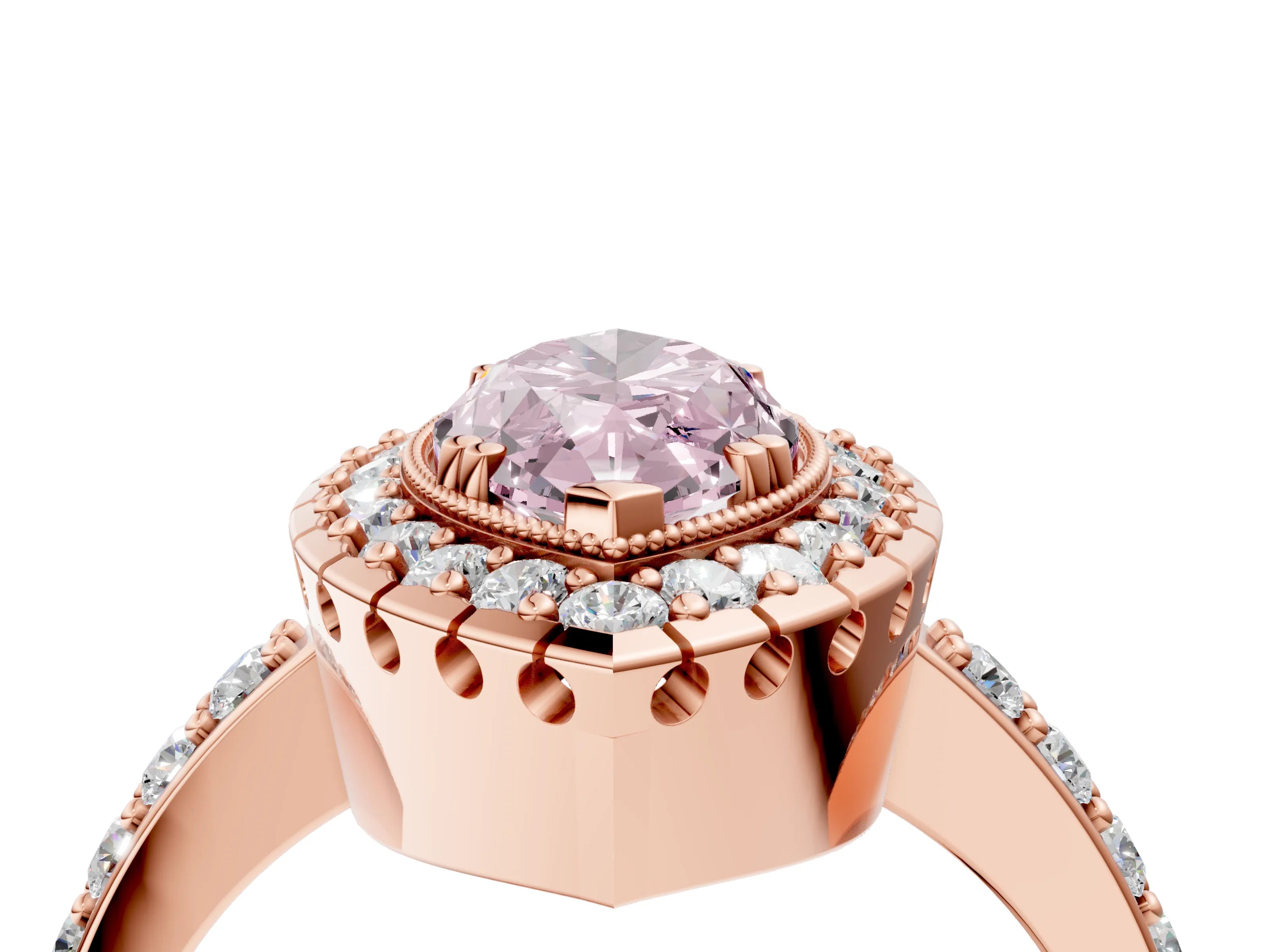 Rose gold Fancy Pink Marquise Cut Diamond Halo Ring with Pavé Band and Prong Setting_4