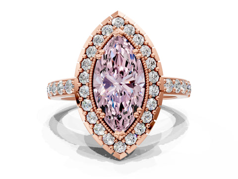 Rose gold Fancy Pink Marquise Cut Diamond Halo Ring with Pavé Band and Prong Setting