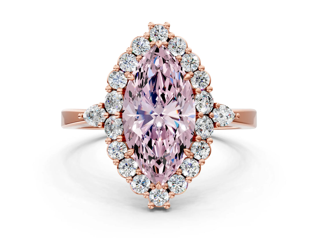 Rose gold Fancy Pink Marquise Cut Diamond Halo Ring with Pear Side Stones and Prong Setting_79
