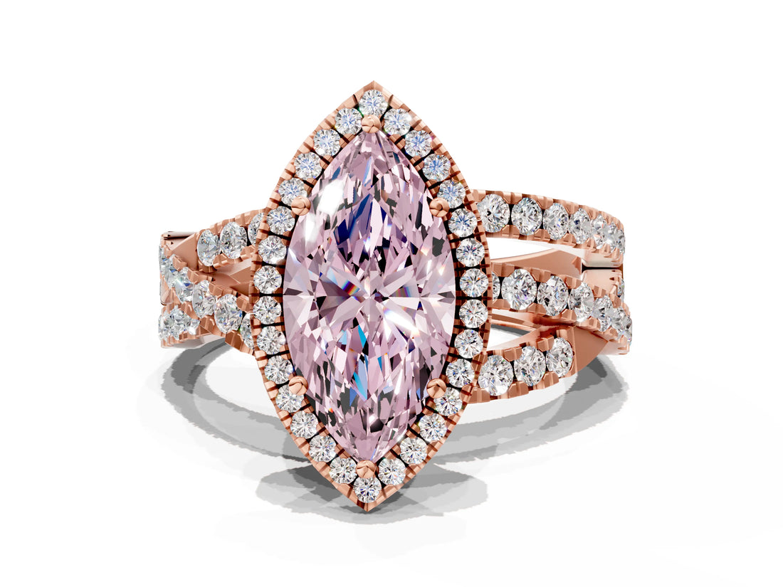 Rose gold Fancy Pink Marquise Cut Diamond Halo Ring with Round Split Shank and Prong Setting_36
