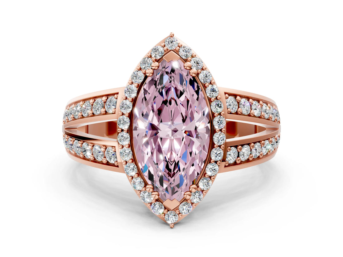 Rose gold Fancy Pink Marquise Cut Diamond Halo Ring with Split Shank Pavé Band and Four-Prong Setting