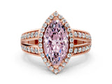 Rose gold Fancy Pink Marquise Cut Diamond Halo Ring with Split Shank Pavé Band and Four-Prong Setting