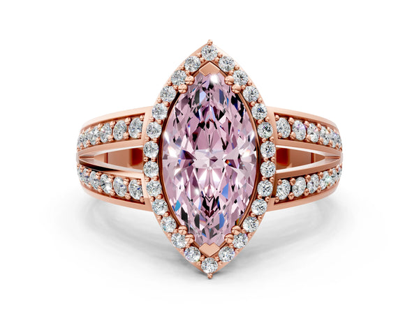 Rose gold Fancy Pink Marquise Cut Diamond Halo Ring with Split Shank Pavé Band and Four-Prong Setting