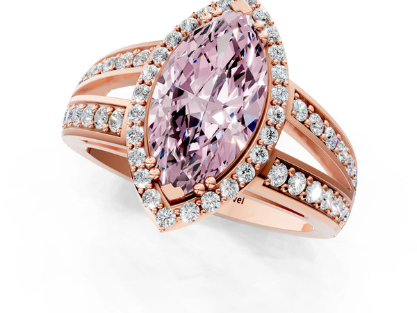Rose gold Fancy Pink Marquise Cut Diamond Halo Ring with Split Shank Pavé Band and Four-Prong Setting