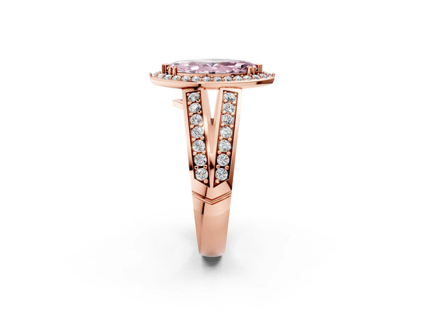 Rose gold Fancy Pink Marquise Cut Diamond Halo Ring with Split Shank Pavé Band and Four-Prong Setting