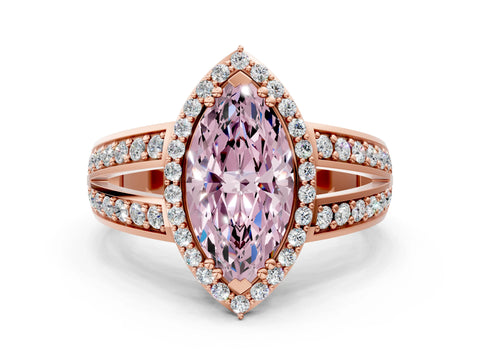 Rose gold Fancy Pink Marquise Cut Diamond Halo Ring with Split Shank Pavé Band and Four-Prong Setting