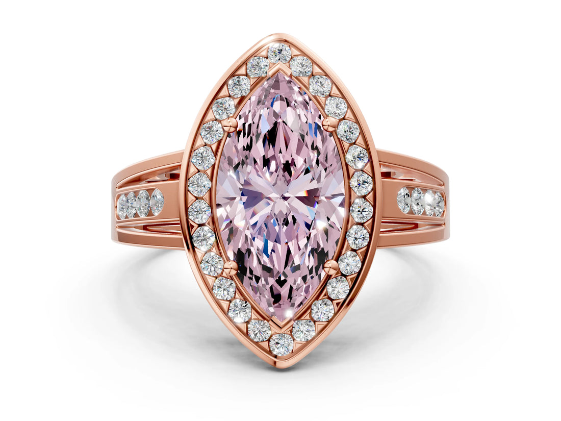 Rose gold Fancy Pink Marquise Cut Diamond Halo Ring with Split Shank and Bezel Accents and Prong Setting
