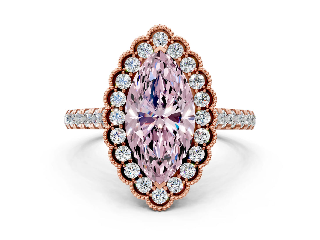 Rose gold Fancy Pink Marquise  Cut Diamond Milgrain Floral Halo Engagement Ring with Pavé Band_15