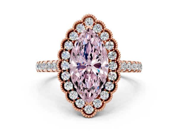 Rose gold Fancy Pink Marquise  Cut Diamond Milgrain Floral Halo Engagement Ring with Pavé Band