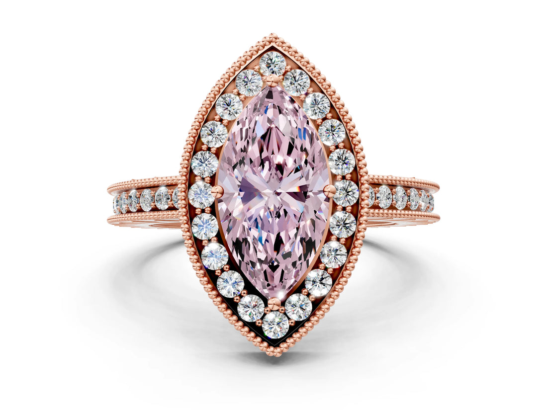 Rose gold Fancy Pink Marquise Cut Diamond Milgrain Halo Engagement Ring with Round Pavé Band and Prong Setting_12