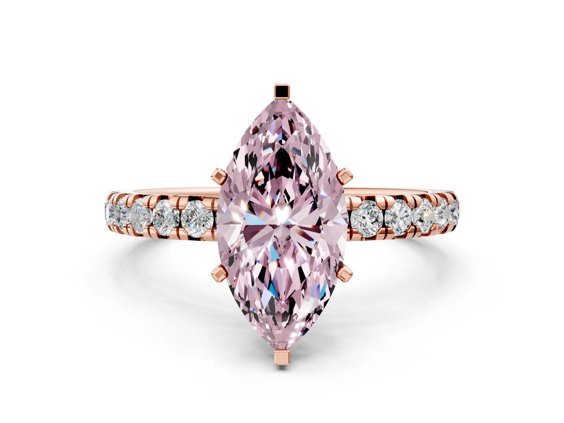 Rose gold Fancy Pink Marquise Cut Diamond Pavé Solitaire Ring with Round Band and Prong Setting_12